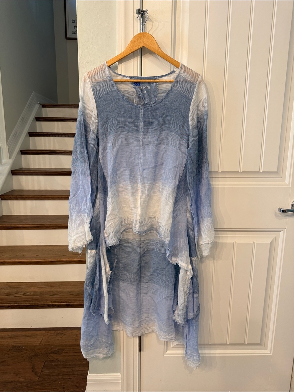 Yuvita 100% Linen Blue White Ombre Tunic Top Medium Lagenlook Boho